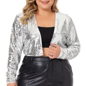 Plus Size Sequin Open Front Long Sleeve Shrug Bolero Crop Cardigan Jacket Silver